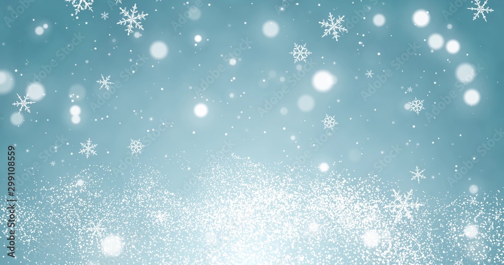 Snowflakes and bokeh lights on the blue Merry Christmas background. 3D render