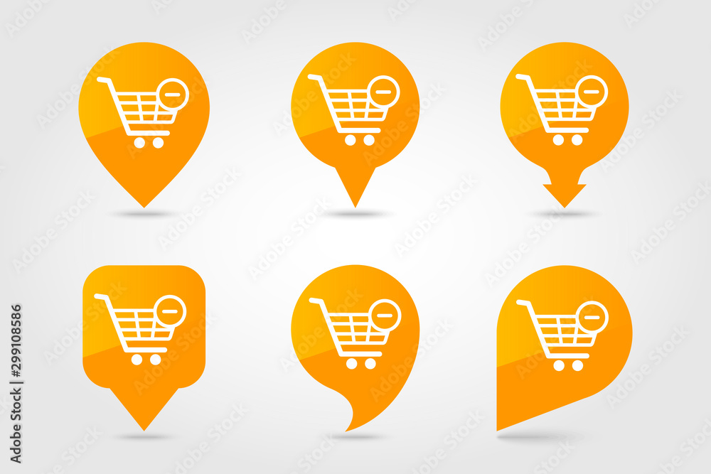 Shopping cart pin map icon with minus sign Shopping cart pin map icon with minus sign