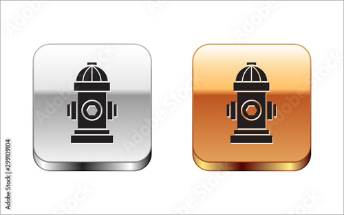 Black Fire hydrant icon isolated on white background. Silver-gold square button. Vector Illustration