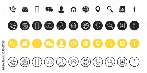 Popular Contact information icons set - Contact us. Web icon. Business card contact information icons. Vector symbols set for web and mobile app. Contact us icons set of differents styles