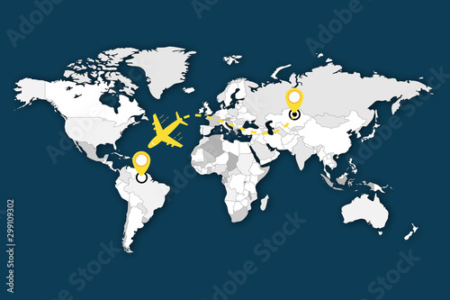 World map with Plane. Around the world travelling by plane. World map-countries