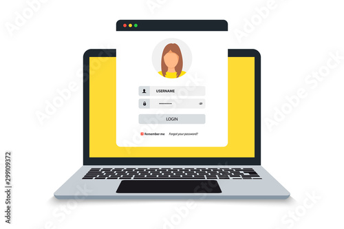 Laptop with login and password form page on screen, registration page. Sign in page, user authorization. Login authentication concept on laptop screen. Notebook and online login form. User profile photo