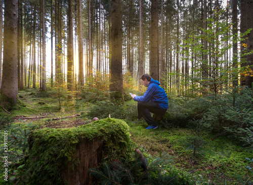In the middle of a green forest, a man is using his smartphone while the sun is shining.