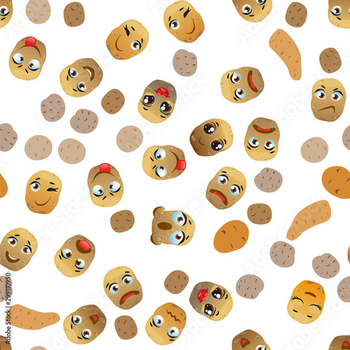 Cute seamless pattern with cartoon emoji potatoes