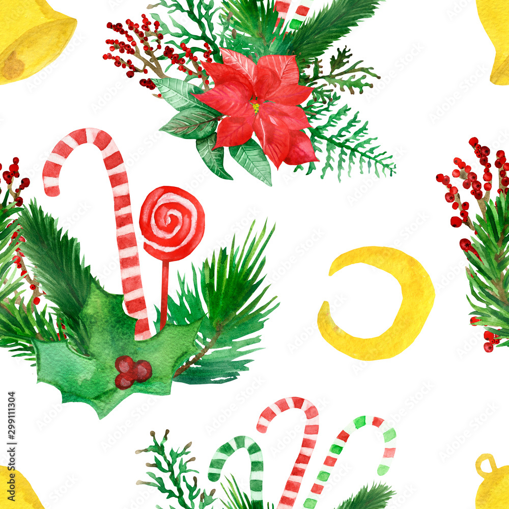 Watercolor hand painted nature winter holiday celebration seamless pattern with green fir branches, red flower poinsettia, holly, lollipops, yellow moon and bell isolated on the white background