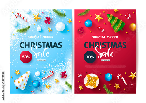 Set of advertising booklets Christmas Sale. Holiday background with fir twigs,balls,candy,rowan,snowballs,stars,gift boxes and confetti.Vector illustration for posters, coupons, promotional material.