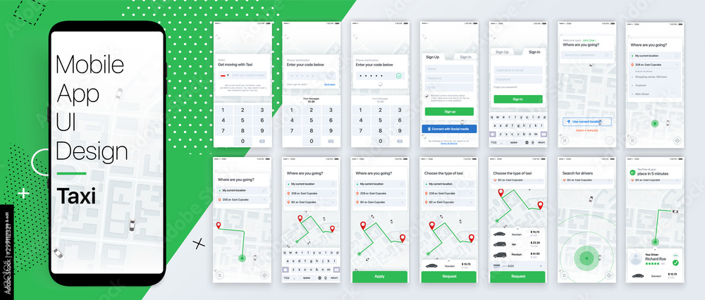 Design of the Mobile Application, UI, UX. Set of GUI Screens with Login and Password input, and screens with Taxi Orders and Car Navigation in the City - obrazy, fototapety, plakaty 