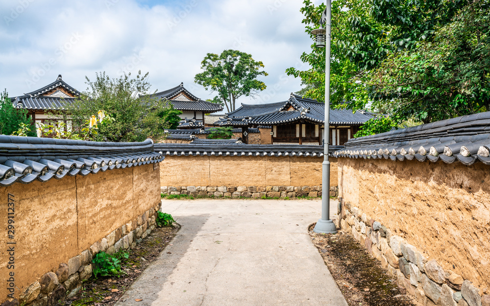 Scenic view of a laneway and traditonal houses roofs in historic Hahoe village Andong South Korea Scenic view of a laneway and traditonal houses roofs in historic Hahoe village Andong South Korea