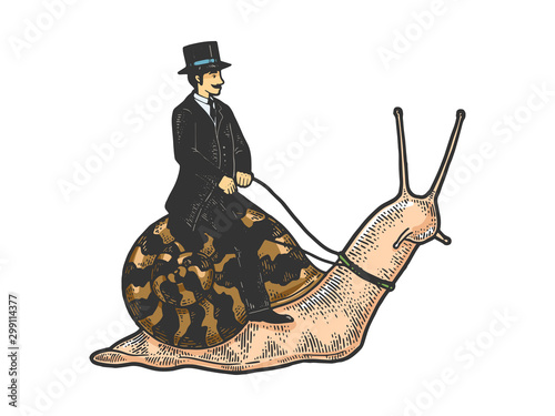 Old fashioned gentleman riding snail sketch engraving vector illustration. T-shirt apparel print design. Scratch board style imitation. Black and white hand drawn image.
