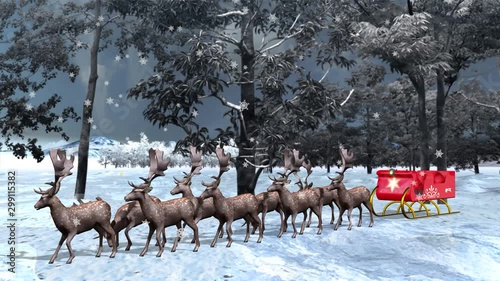  3D rendering of Santa's sleigh waiting for reindeer