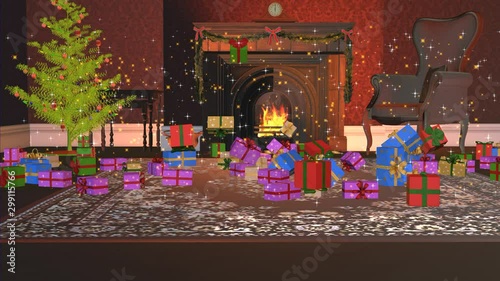 3D rendering of a shower of gifts in the magical Christmas night