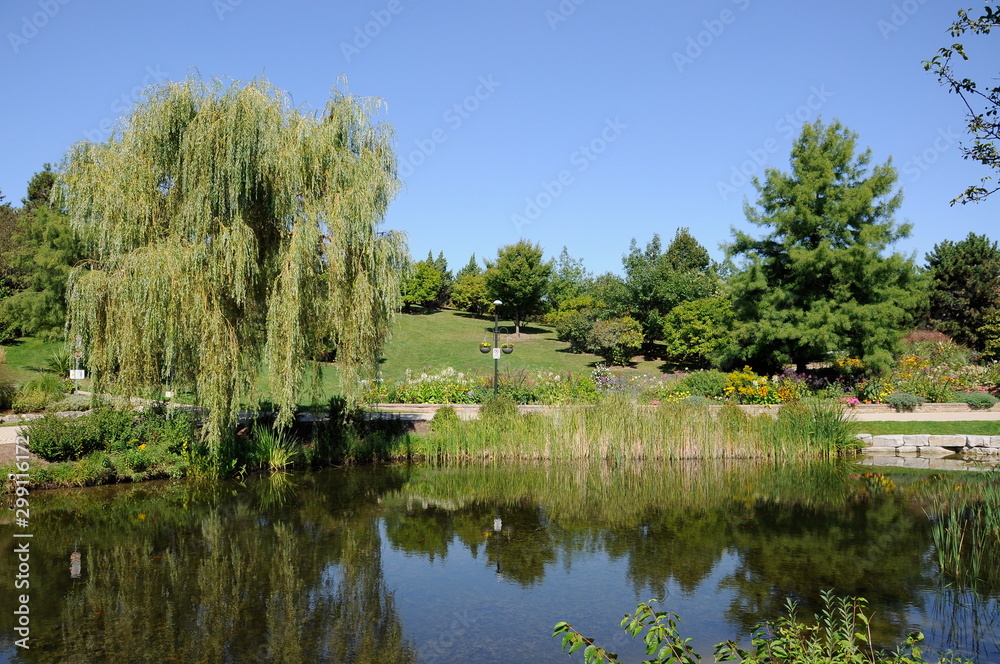 Pond and gardens at Humber Arboretum in Toronto, Ontario
