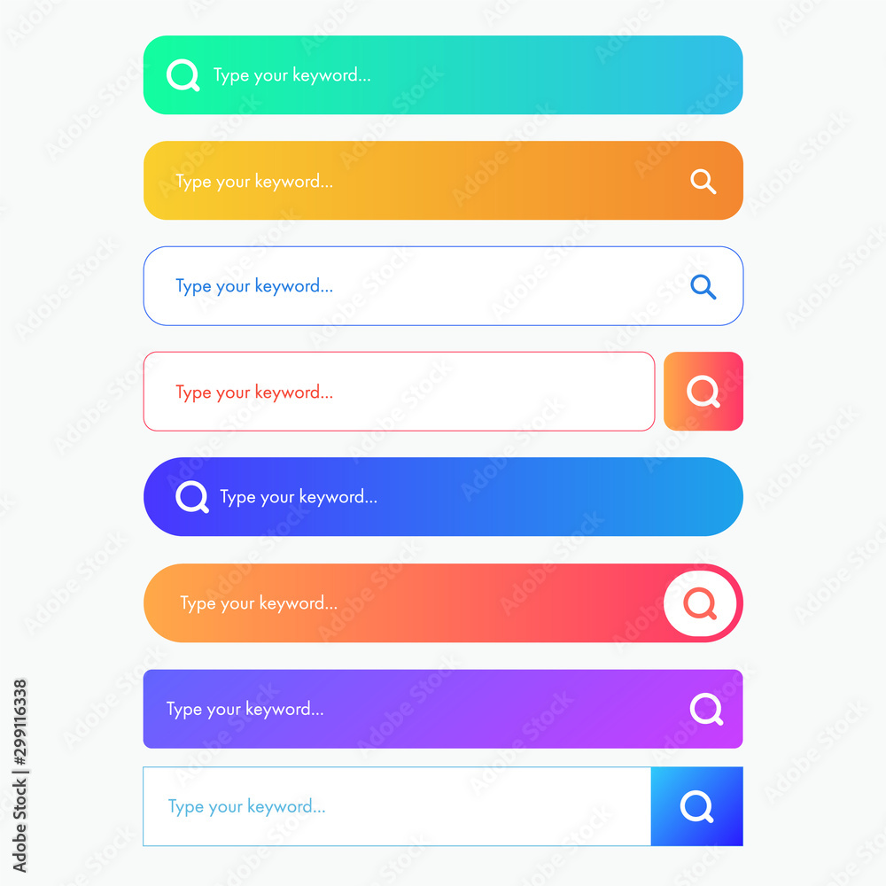 Set of 7 Search Bar Inputs on white background. Set of 7 Search Bar Inputs on white background.