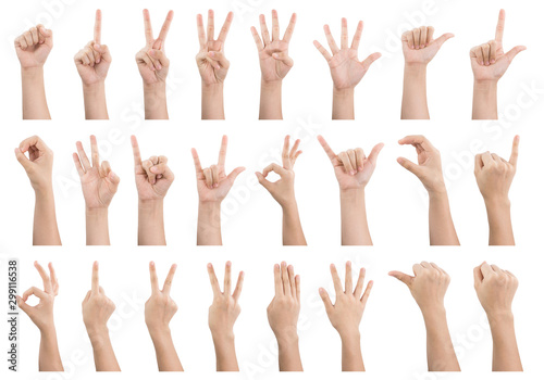 Set of various gestures and sign of Woman's hand isolated on white background.