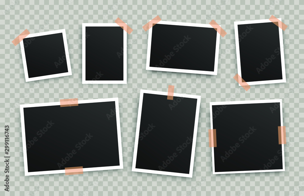 Realistic photo frames. Empty photos frame on adhesive tape. Vintage scrapbook  album photograph with white border vector template set 21980317 Vector Art  at Vecteezy