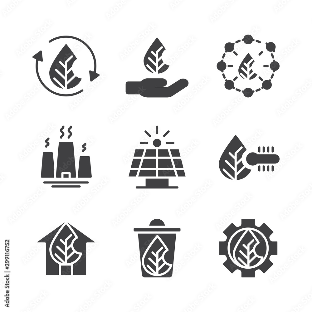 Ecology and natural icon set glyph include recycle,tree,ecology,nature,hand,plant,power,energy,factory,solar panel,sunlight,natural,temperature,thermometer,green,house,leaf,trash,setting,gear