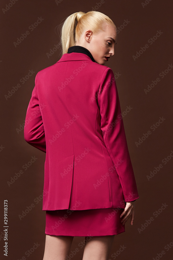 Beautiful sexy woman wear for meeting date business style suit jacket skirt  accessory fashion collection shoes model pose long blond hair natural make  up businesswoman casual clothes. Stock Photo | Adobe Stock