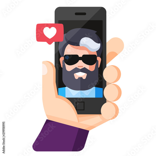 Human hand holding mobile phone and looking at the screen. 	 Video call with boyfriend. Flat cartoon vector illustration. Video call, self portrait.