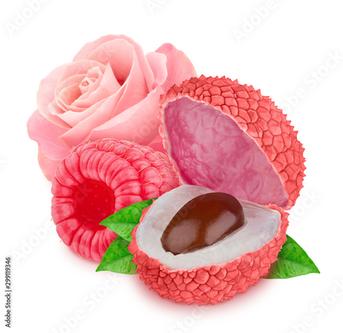 Tender pink composition with lychee and rose flower isolated on a white background with clipping path.