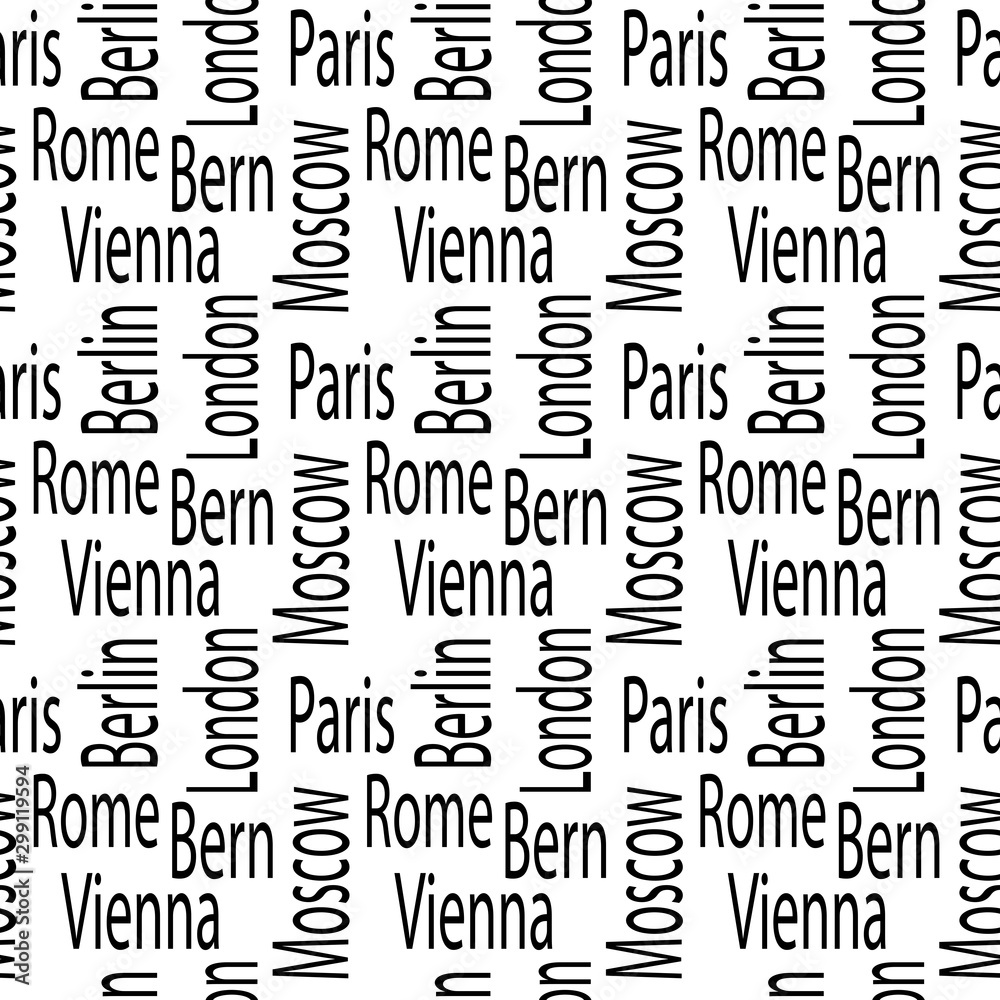 Seamless pattern with the names of cities and capitals of Europe. Typography, vector graphics.