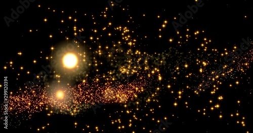 Golden confetti bokeh lights on the black background. 3d illustration