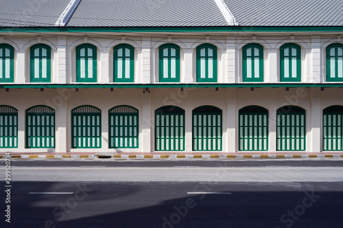Townhouse building in China town in Bangkok in Thailand which use European and Chinese architecture styles.
