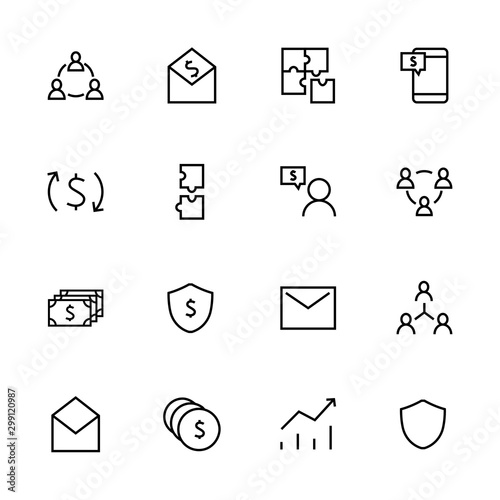  Set of business vector line icons. It contains user symbols, dollar pictograms, gears, briefcase, puzzles,