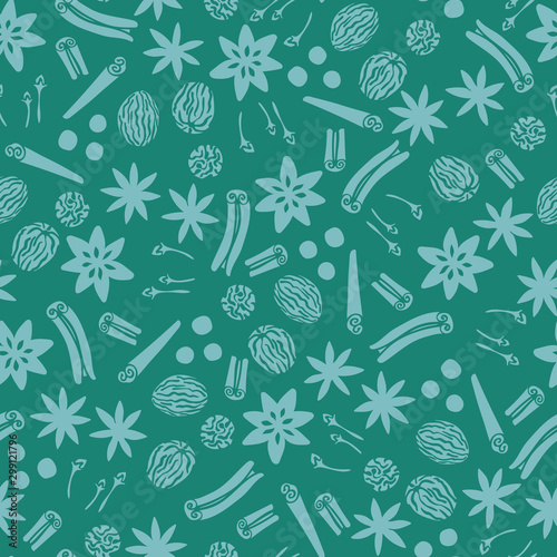 Teal Holiday spices seamless vector repeat pattern background with star anise, cinnamon, nutmeg and clove.
