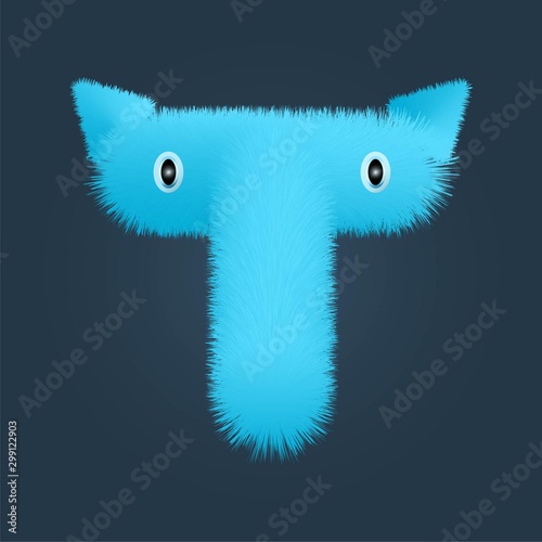 Letter T fluffy doll logo isolated. Alphabet vector image