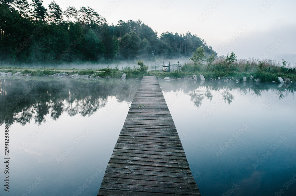 Fog, grass, trees against the backdrop of lakes and nature. Fishing  background. Carp fishing. Misty morning. nature. Wild areas. bridge over  the river. Stock Photo
