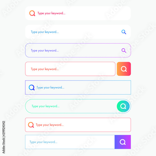 Set of 7 Search Bar Inputs on white background.