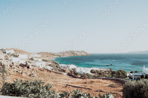 Blue beach and sunny sky in Mykonos  Greece