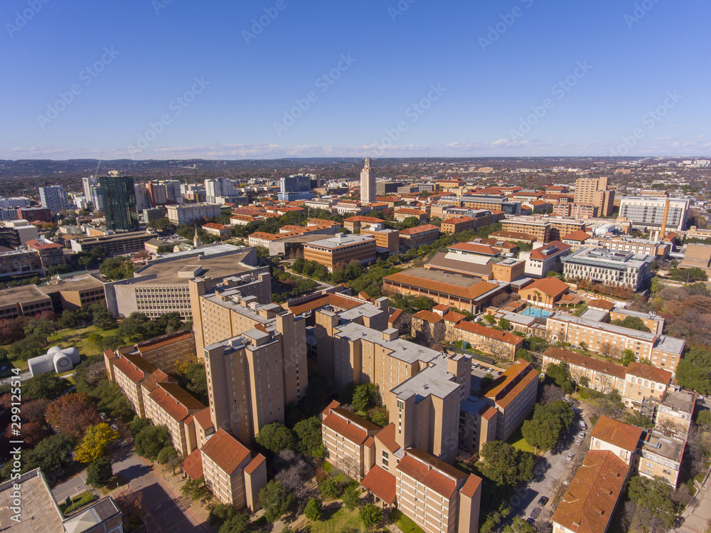 University of Texas at Austin aerial view including UT Tower and Main Building in campus, Austin, Texas, USA.