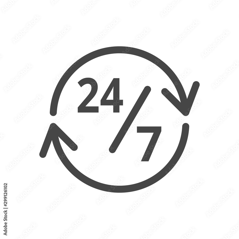 24/7 Service open 24h hours a day and 7 days a week. Flat isolated vector illustration in black on a white background. 24/7 Service open 24h hours a day and 7 days a week. Flat isolated vector illustration in black on a white background.