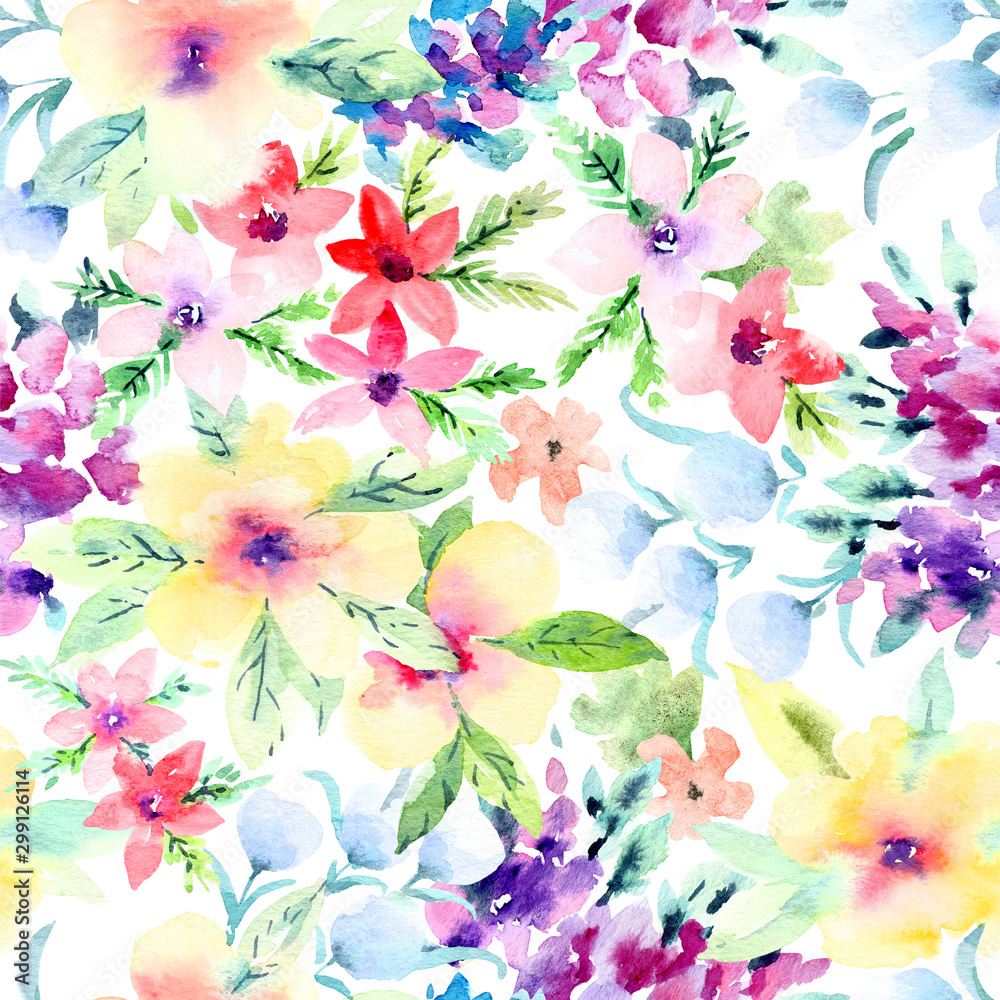 Fototapeta Watercolor floral hand drawn colorful bright seamless pattern