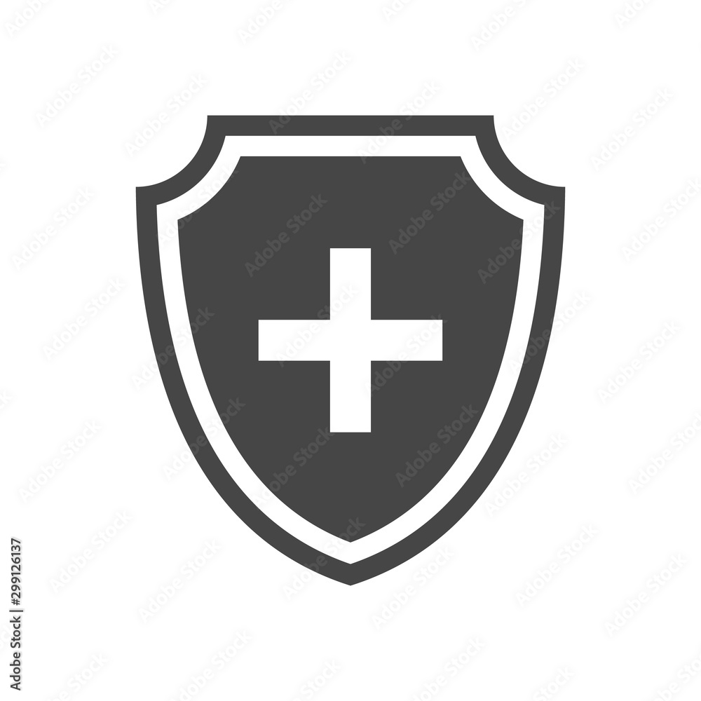 Medical shield with cross icon. Black pictogram. Modern flat design vector illustration, new concept for web banners, web site, infographics. Vector icon graphic art isolated on white background. Medical shield with cross icon. Black pictogram. Modern flat design vector illustration, new concept for web banners, web site, infographics. Vector icon graphic art isolated on white background.