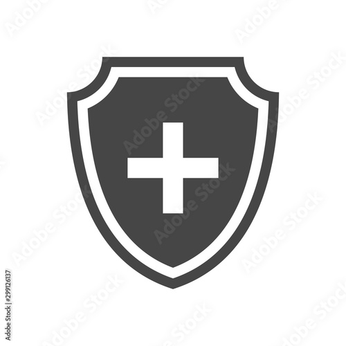Medical shield with cross icon. Black pictogram. Modern flat design vector illustration, new concept for web banners, web site, infographics. Vector icon graphic art isolated on white background.