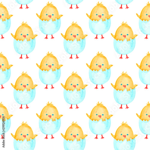 Watercolor Happy Easter seamless pattern with cute chicks, raster illustration.