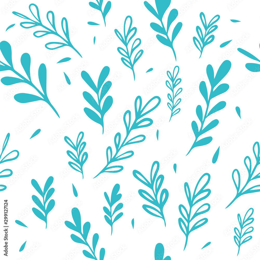 Seamless monochrome floral background. Blue leaf twigs. Vector illustration