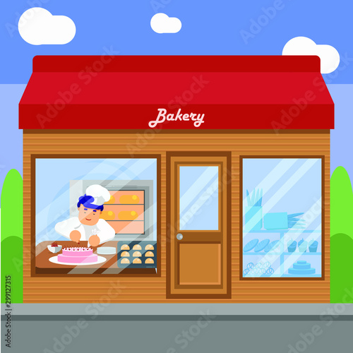 Bakery shop building facade with signboard. Bakery facade flat icon,Baker cooking cake in shop, vector illustration in flat style