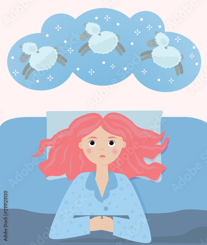 Sleepless girl in bed trying to fall asleep counting jumping sheeps. Vector concept for insomnia.