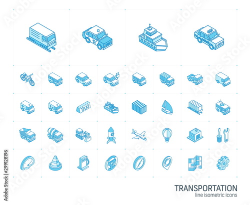 Isometric line icon set. 3d vector colorful illustration with transport, transportation symbols. Police car, train, yacht, taxi, bicycle and truck colorful pictogram Isolated on white