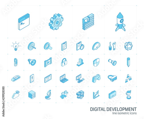 Isometric line icon set. 3d vector colorful illustration with web and app development symbols. Digital network technology, coding, application, program data colorful pictogram Isolated on white