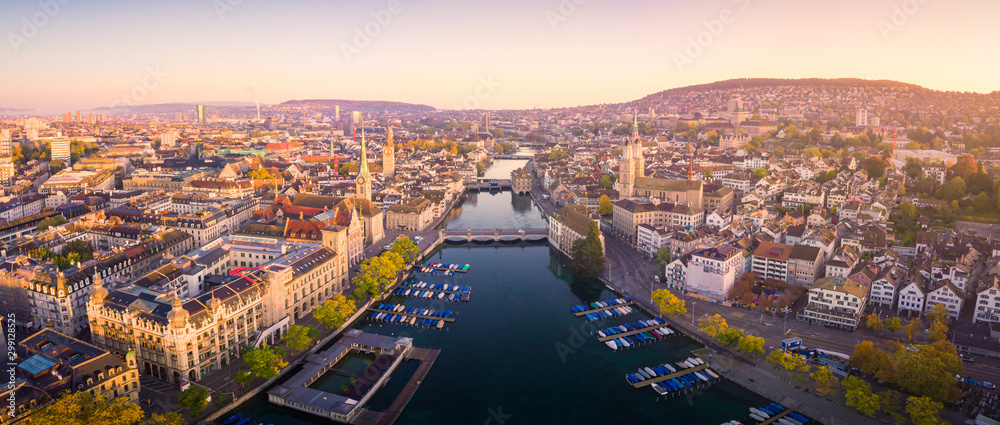 Aerial view of Zurich and River Limmat, Switzerland - obrazy, fototapety, plakaty 