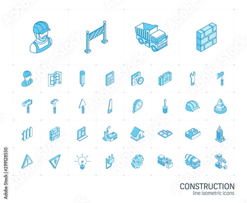 Isometric line icon set. 3d vector colorful illustration with construction, industrial, architectural, engineering symbols. Home repair tools, worker, building colorful pictogram Isolated on white