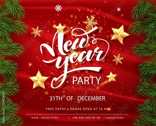 New Year Party card over red background with golden star. Holiday card. Template for your design. Vector illustration