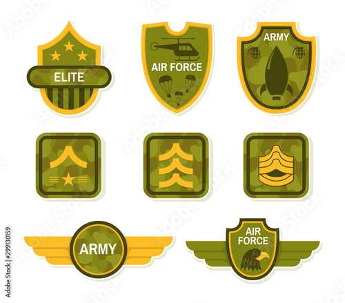 Military symbol and army badge set. Army signs and badges different branches and types of troops army apparel signs naval insignia vector illustration