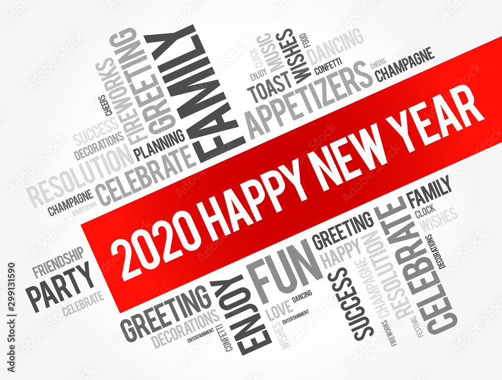 2020 year greeting word cloud collage, Happy New Year celebration greeting card