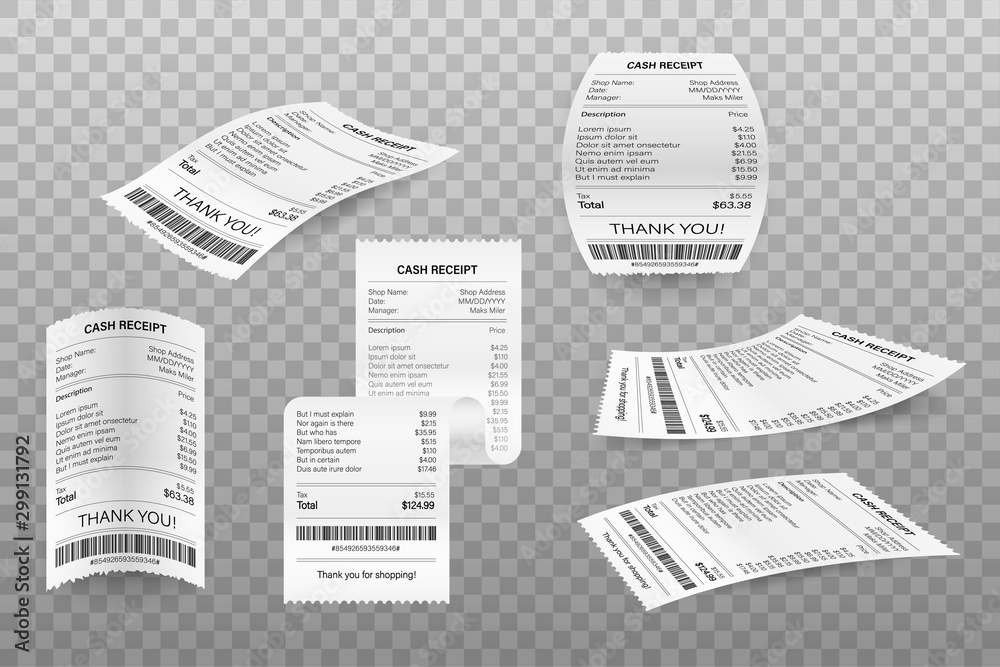 Obraz premium Set Receipts vector illustration of realistic payment paper bills for cash or credit card transaction. Vector stock illustration.
