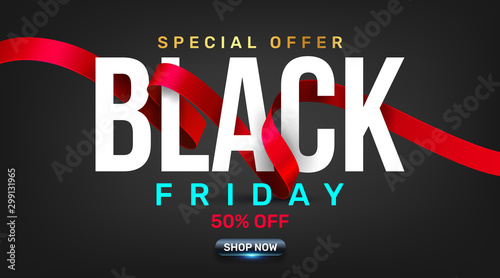 Black Friday Sale Promotion Poster or banner with red ribbon concept.Special offer 50% off sale in black color style.Promotion and shopping template for Black Friday.Vector illustration eps 10